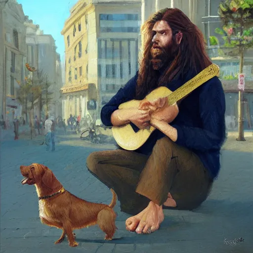 Image similar to oil painting of a young man with long hair blond and a beard hippie style with his golden retrever dog playing guitar in the square for money, people watching around, by greg rutkowski, artstation