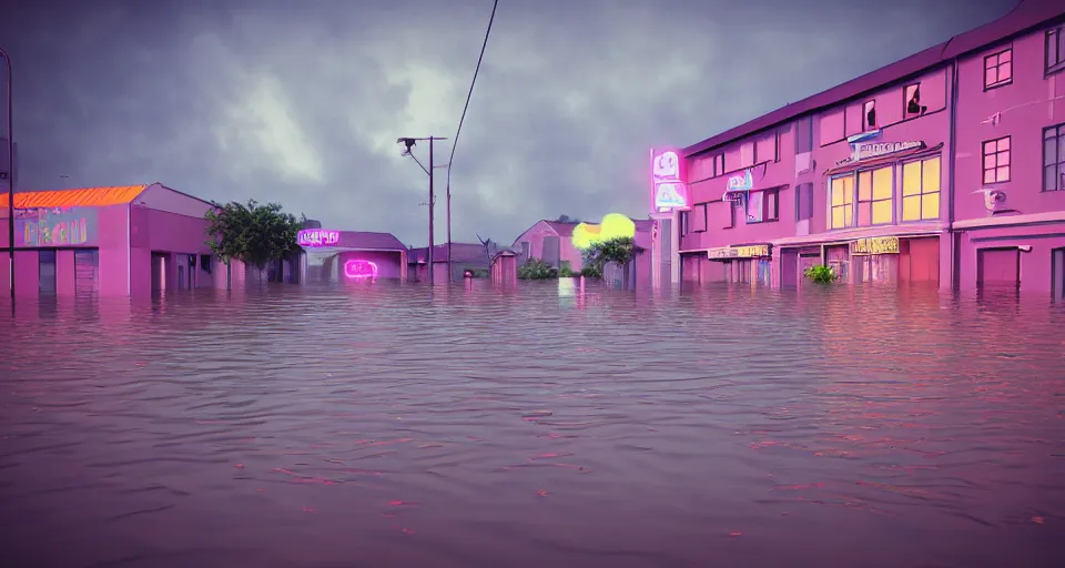 Prompt: !dream 80s vaporwave outrun 3d Render of a german town being flooded liminal space retro grainy noisy