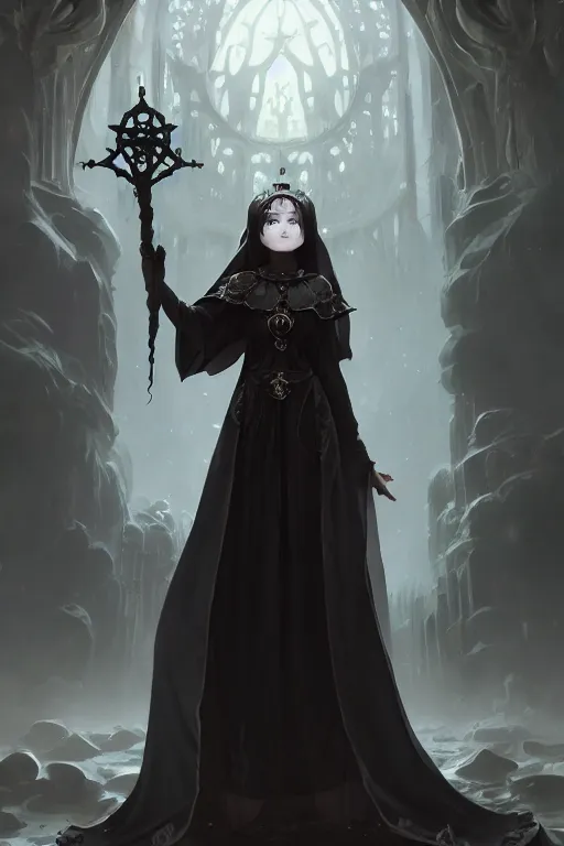 Image similar to a beautiful eldritch priestess girl standing on an altar wearing thick black robes | | cute - fine - face, pretty face, fine details by stanley artgerm lau, wlop, rossdraws, james jean, andrei riabovitchev, marc simonetti, and sakimichan, trending on artstation