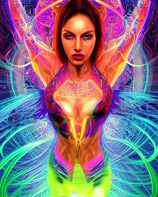 Image similar to a powerful energy psychedelic matrix woman, by alexander fedosav, hyper detailed digital matte painting, concept art, hyperrealism, 1 6 k resolution, cinema 4 d, 8 k resolution, trending on artstation, behance hd, a masterpiece, by stephan martiniere, particles, cel - shaded, power bright neon energy, by david a. hardy,