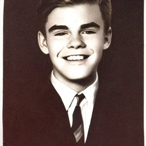 Prompt: a high school senior yearbook photo of Archie Andrews from 1966