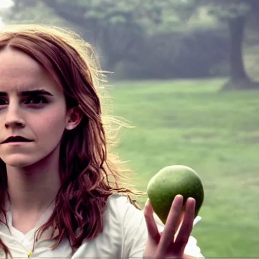 Prompt: Still of Emma Watson as Hermione Granger juggling three apples. Prisoner of Azkaban. During golden hour. Extremely detailed. Beautiful. 4K. Award winning.