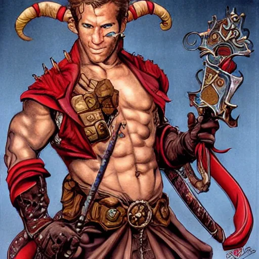 Image similar to ryan reynolds as a d & d tiefling bard, by simon bisley