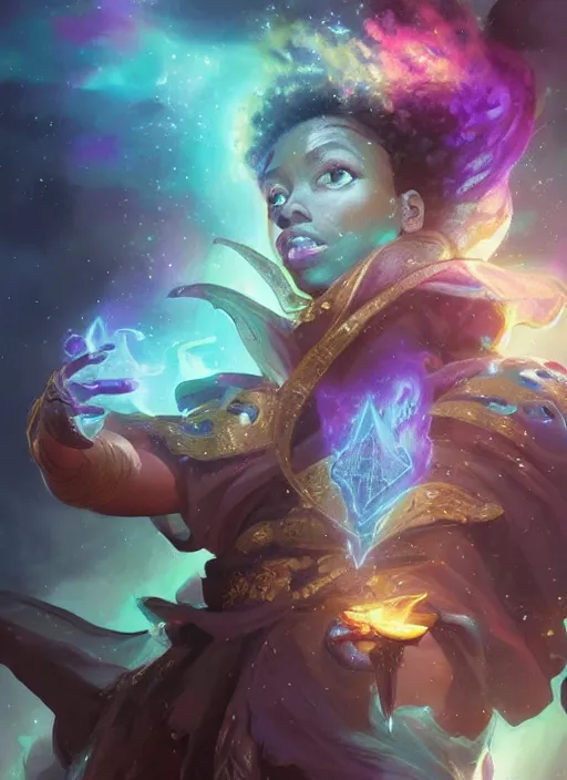 Image similar to handsome black man casting magical spells with powerful crystals, beaded dreadlocks and kemetic imagery, digital painting artstation, concept art, matte, sharp focus, illustration, dramatic exploding nebulae, hearthstone, art by artgerm and greg rutkowski and alphonse mucha