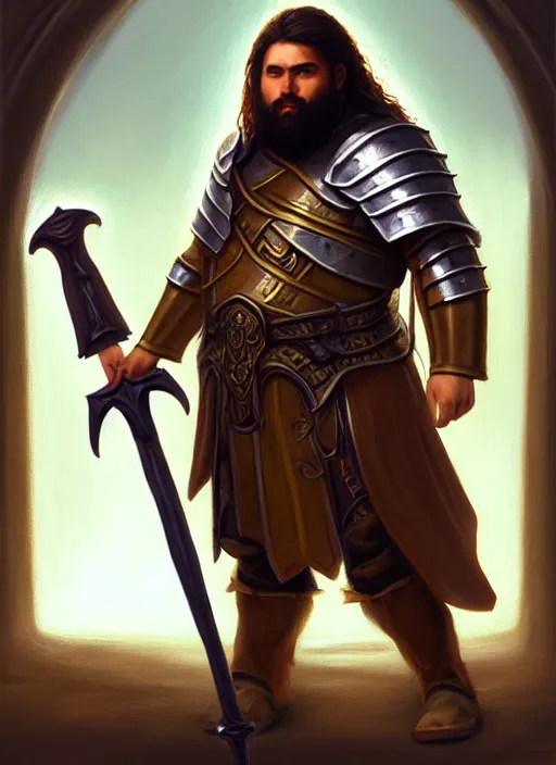 Image similar to a _ fantasy _ style _ portrait _ painting _ of esfandtv light brown male holy paladin with long wavy brown hair chubby and beard, hammer weapon, rpg dnd oil _ painting _ unreal _ 5 _ daz. _ rpg _ portrait _ extremely _ detailed _ artgerm _ greg _ rutkowski _ greg