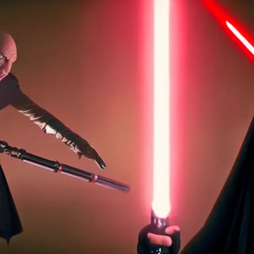 Prompt: captain picard has a lightsaber duel with darth maul, The Next Generation Episode Screen Capture