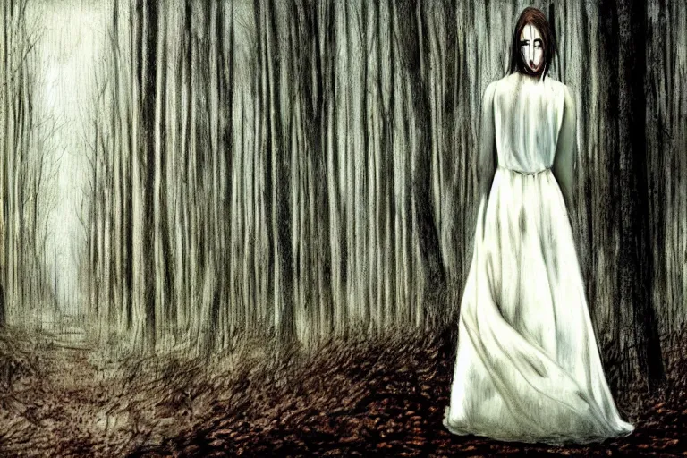 Image similar to mad girl in white dress wandering the woods artwork by ben templesmith