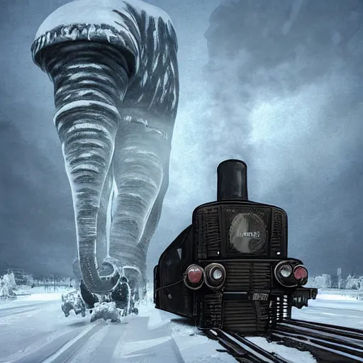 Image similar to an imposing futuristic black steam train and a giant mammoth, post - apocalyptic ice landscape with heavy snow, digital art