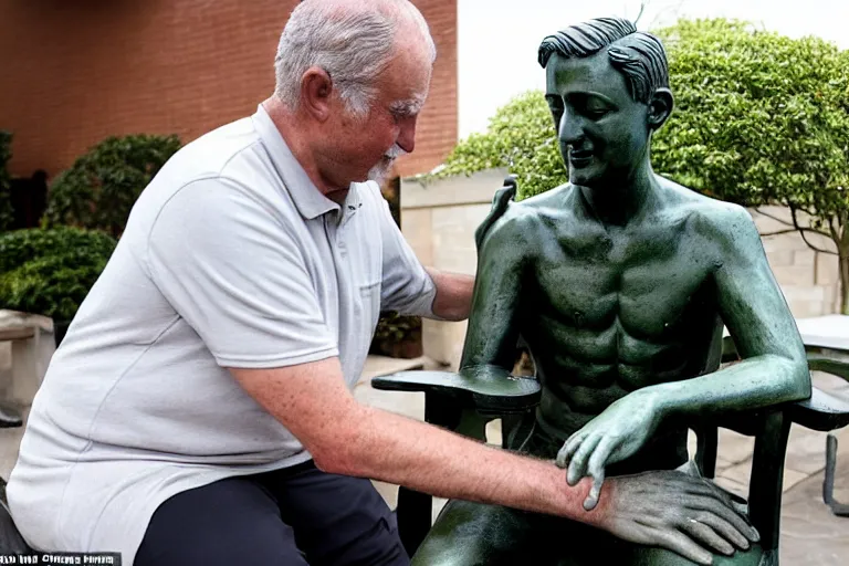 Image similar to a man who is sitting upright in a chair is touching a completed statue