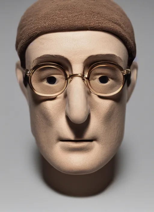 Image similar to a fashion photograph of a mannequin head of John Lennon, 35mm, pentax, studio lighting