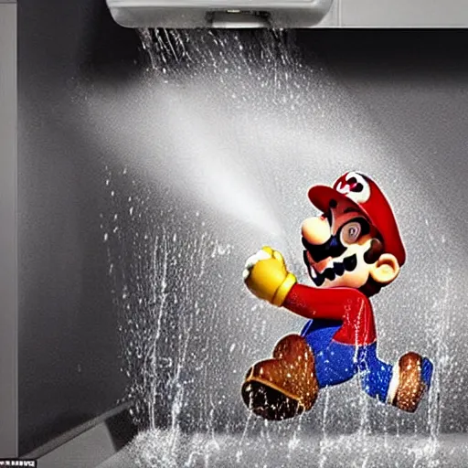 Image similar to super mario emerging from a toilet, soaked in water