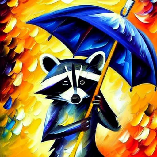 Image similar to raccoon with umbrella in the rain, by leonid afremov