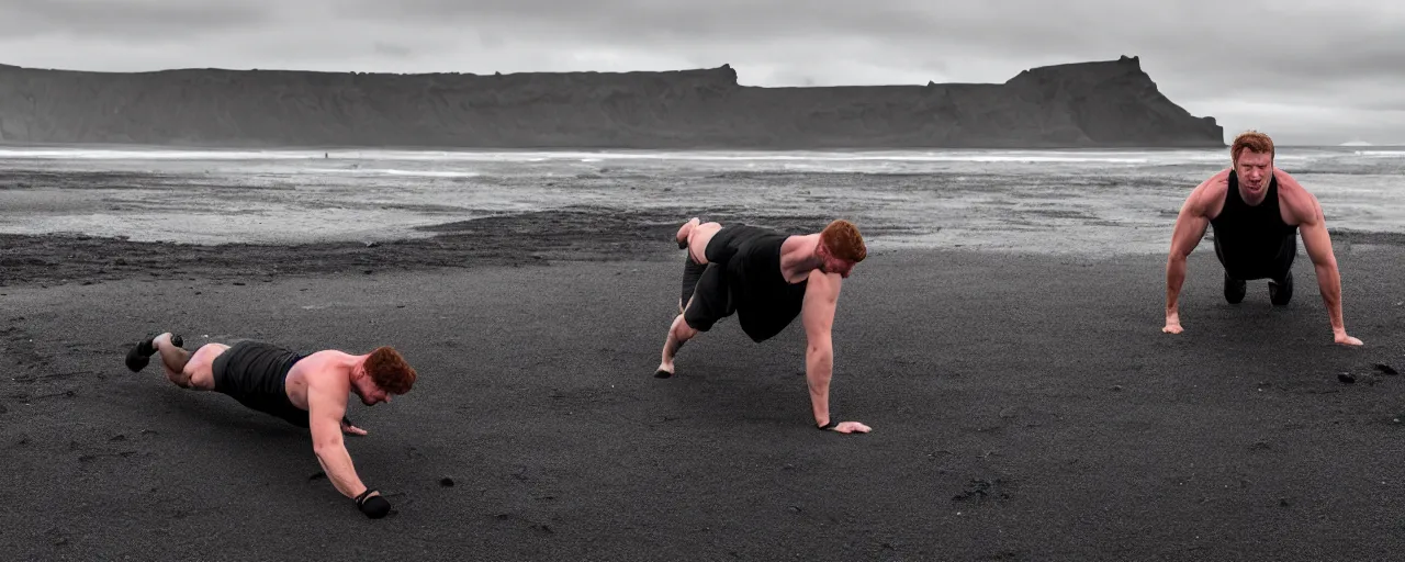 Image similar to cinematic shot of giant symmetrical ginger handsome gym bro doing pushups in the middle of an endless black sand beach in iceland with icebergs in the distance,, 2 8 mm