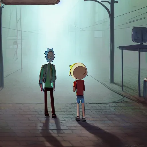 Prompt: rick and morty next to a school in foggy silent hill, artstation