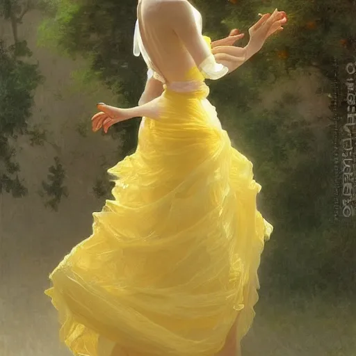 Image similar to a woman in a yellow organza dress dancing, intricate, elegant, realistic, smooth, sharp focus, rim light, illustration, by ruan jia and mandy jurgens and william - adolphe bouguereau, artgerm