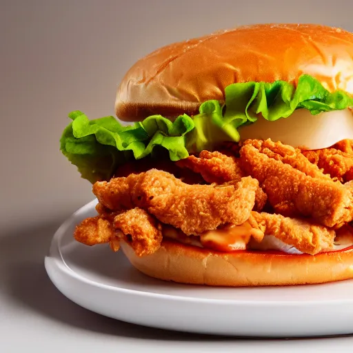 Prompt: a kfc chicken sandwich slathered in sauce, 4 k product photo