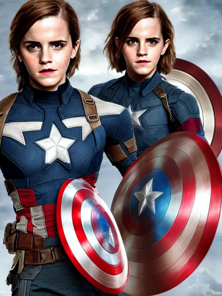 Image similar to emma watson as captain america, hyper realistic