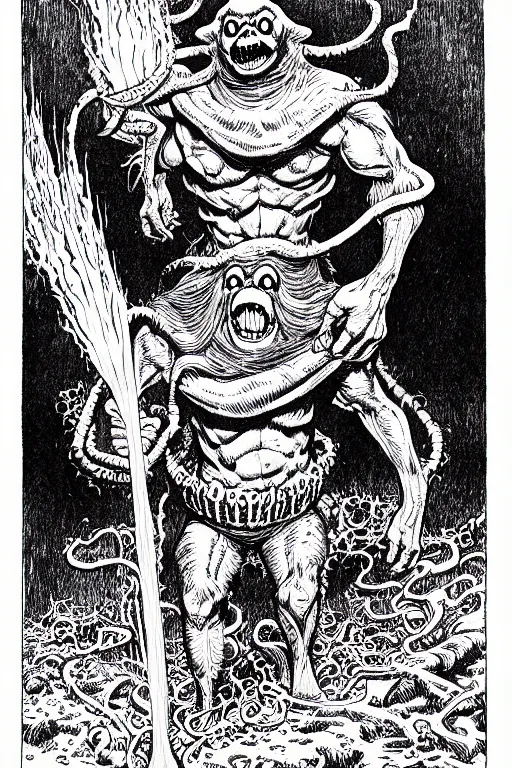 Image similar to slimer ghost as a d & d monster, full body, pen - and - ink illustration, etching, by russ nicholson, david a trampier, larry elmore, 1 9 8 1, hq scan, intricate details, inside stylized border