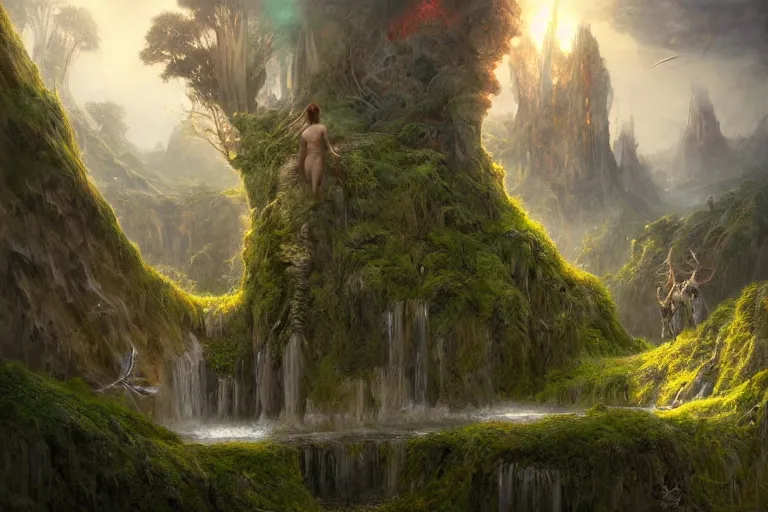 Prompt: amazing concept painting, by Jessica Rossier and HR giger and Beksinski, prophecy, hallucination, garden of eden, lush fruit orchard stream and rock garden, waterfalls, moss, fruit trees, wild animals, garden of earthly delights