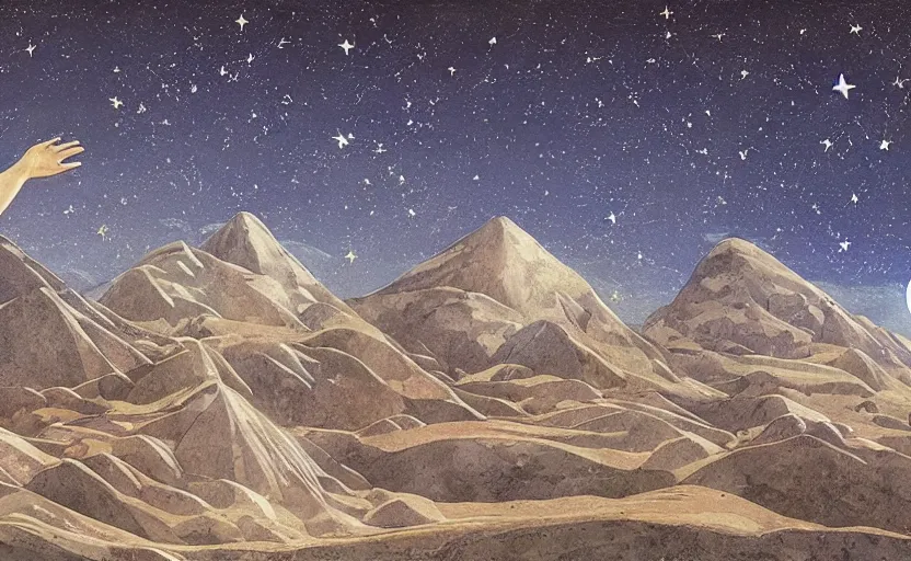 Prompt: mountains, stars and paisley filled sky, artstation, intricate, highly detailed, digital painting, concept art, sharp focus, illustration by Piero della Francesca and Yoshitaka Amano