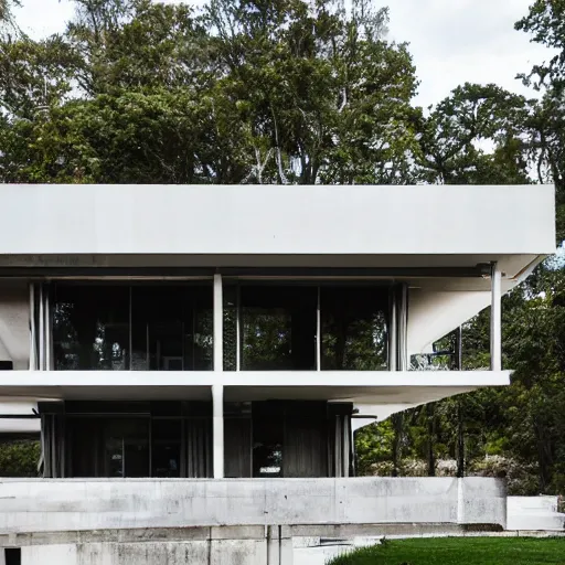 Image similar to second story elevated white brutalist home perched atop 2 equidistant separated large piers, double cantilevered design, large windows, elegant, white stone, proportion, golden ratio, epic composition, steel window mullions, cars parked underneath