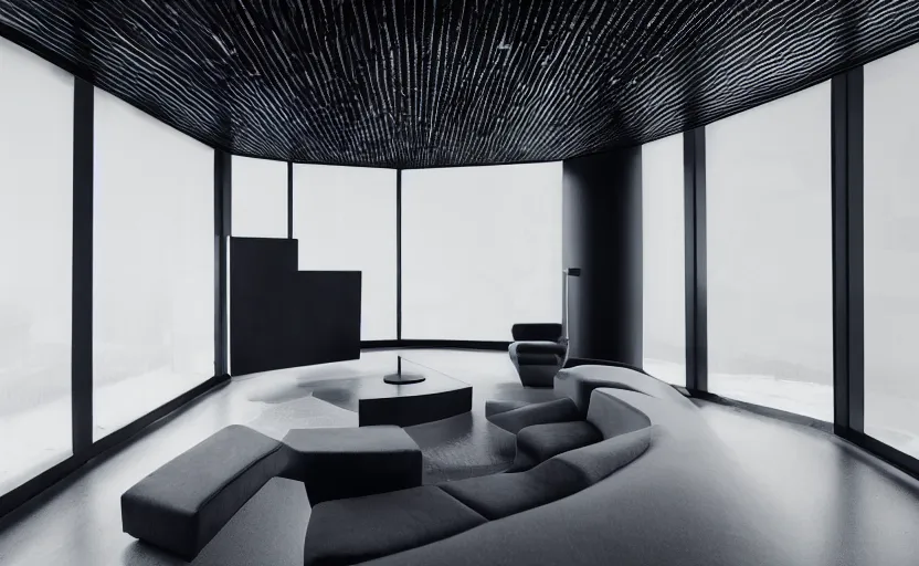 Image similar to futuristic minimalist living room, floating black spirits, surreal, coherent composition, architecturally accurate, architecture photography, 8 k