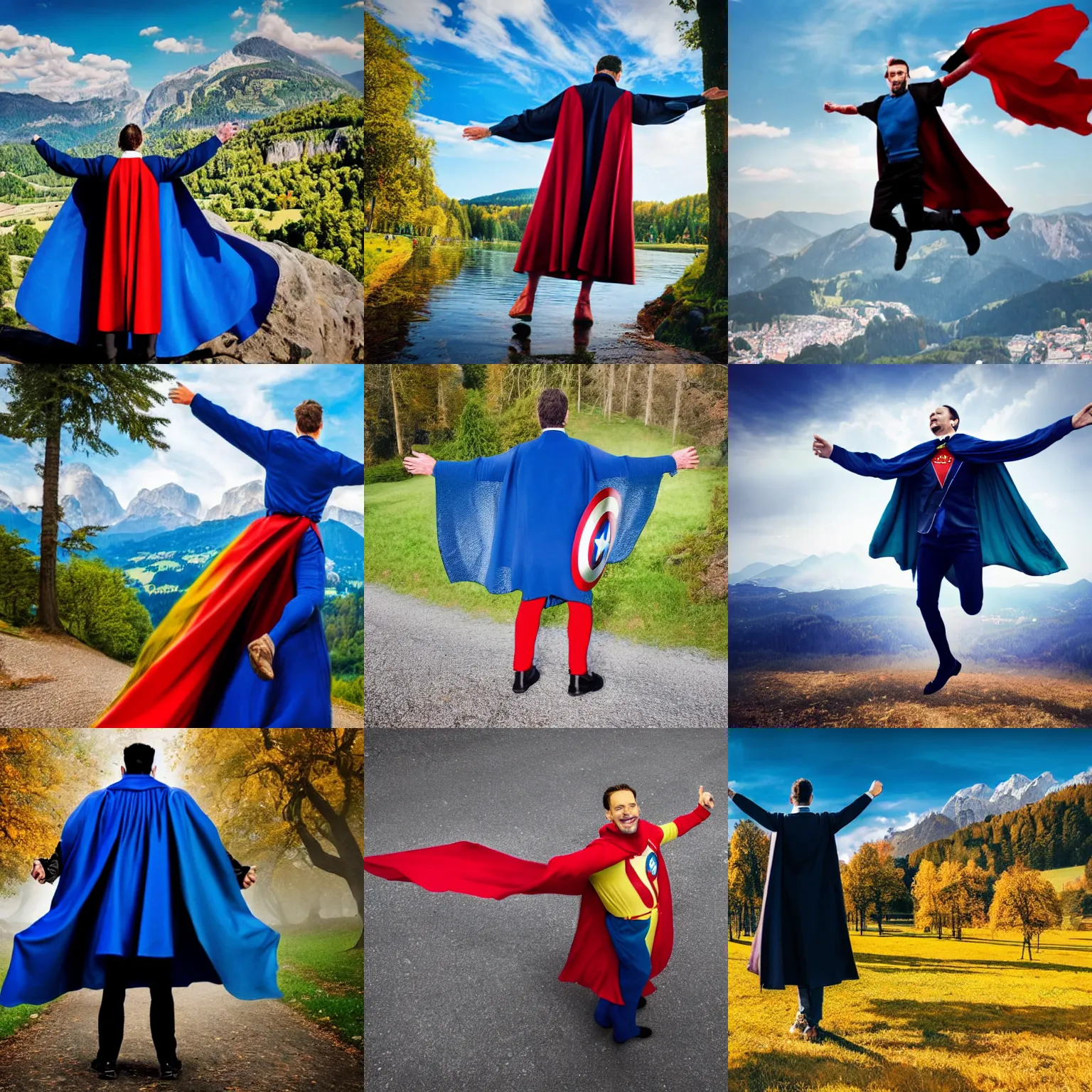 Prompt: man in bavaria colors wearing a cape, flying, marvel