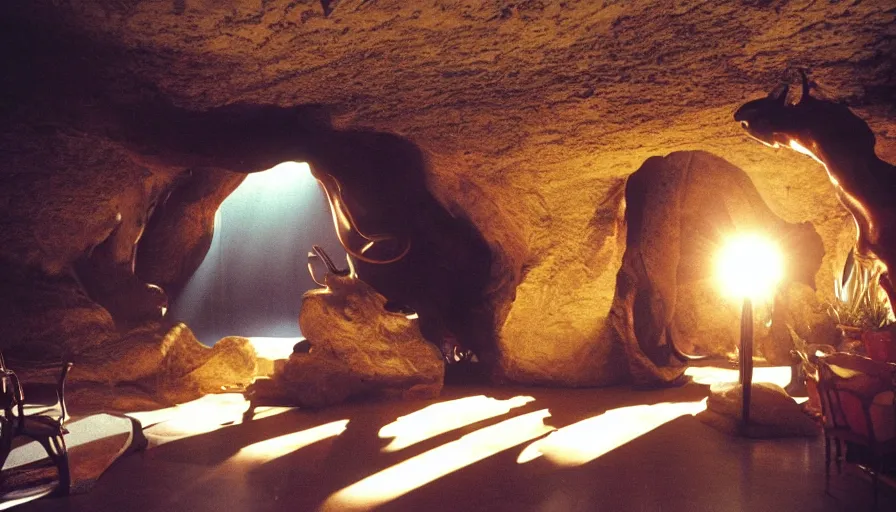 Image similar to 1990s candid 35mm photo of a beautiful day in the living room, cinematic lighting, cinematic look, golden hour, a cave opening reveals a large absurd looking creature from another dimension, UHD