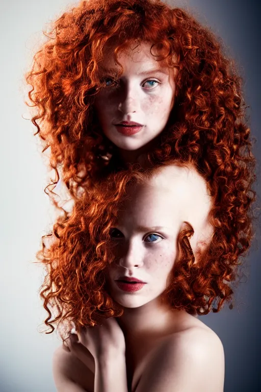 Prompt: a photo portrait of a beautiful red girl with curls and lots of freckles, dramatic light , Rembrandt lighting scheme, photorealistic, art photography in style of Aleksandr Vinogradov , sigma art 85 mm f 1.4, dark background , high quality, high detail, flickr,8k.