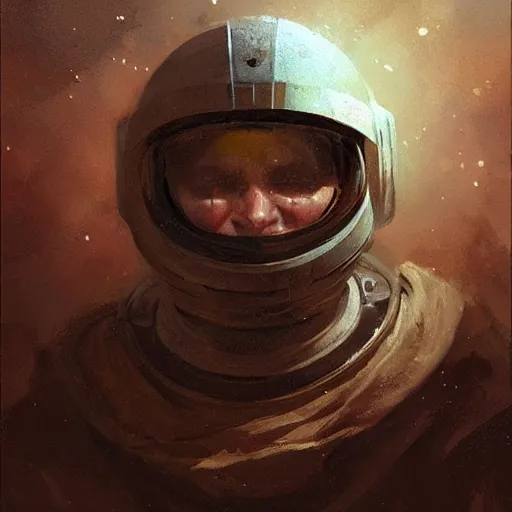 Prompt: Portrait painting of a medieval astronaut wearing helmet by greg rutkowski and Craig Mullins, Dark atmospheric and cinematic lighting