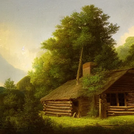 Prompt: Woodcutter Cabin in 1750,viewed by Thoreau, in the style of the Hudson River School