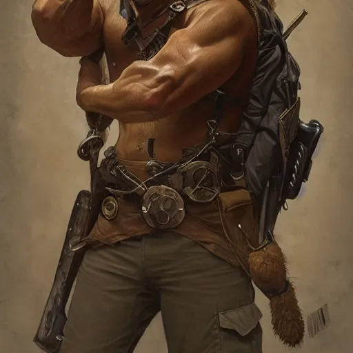 Image similar to portrait of a rugged ranger, muscular, upper body, hairy torso, D&D, fantasy, intricate, elegant, highly detailed, digital painting, artstation, concept art, smooth, sharp focus, illustration, art by alphonse mucha