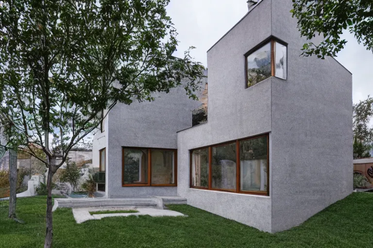 Prompt: A suburban house wearing a beautiful knitted sweater, landscape architecture photo