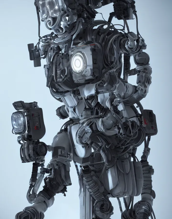 Prompt: full body portrait photo of american exosuit with digital led indicators, thin neon lighting, portrait photo, intricate details, ultra realistic, unreal engine 5, depth of field, bokeh, octane render, 8 k hd