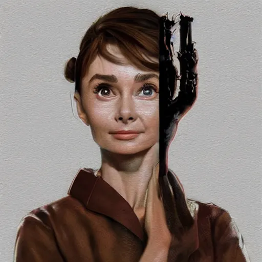 Image similar to a highly detailed epic cinematic concept art CG render digital painting artwork costume design: Audrey Hepburn as a mad scientist in a brown lab coat, with unkempt hair and crazy eyes. By Greg Rutkowski, Ilya Kuvshinov, WLOP, Stanley Artgerm Lau, Ruan Jia and Fenghua Zhong, trending on ArtStation, made in Maya, Blender and Photoshop, octane render, excellent composition, cinematic atmosphere, dynamic dramatic cinematic lighting, aesthetic, very inspirational, arthouse