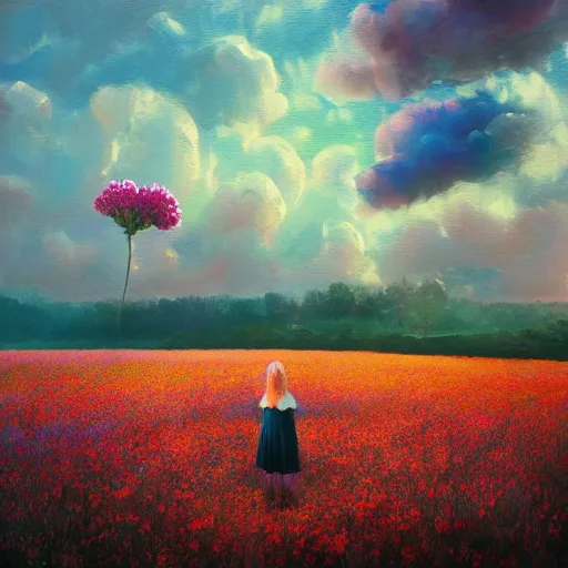 Image similar to girl with a flower face, surreal photography, bizzare, dreamlike, standing in flower field, in a valley, sunrise dramatic light, impressionistic painting, colorful clouds, artstation, simon stalenhag