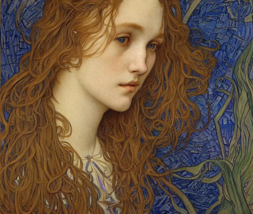 Image similar to detailed realistic beautiful young medieval queen face portrait by jean delville, alphonse mucha, vincent van gogh, and marco mazzoni, art nouveau, symbolist, visionary, gothic, pre - raphaelite