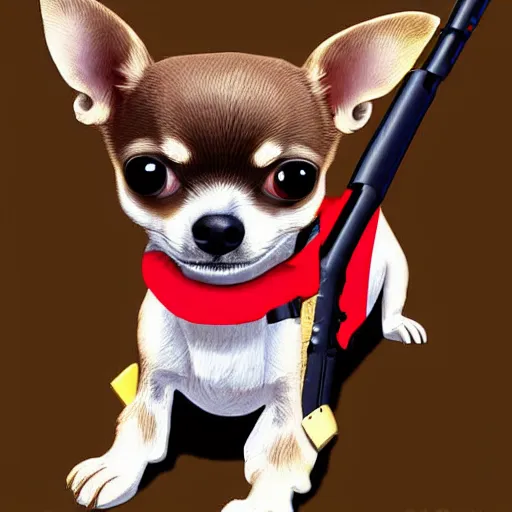 Image similar to cute chihuahua holding a sniper rifle, digital art