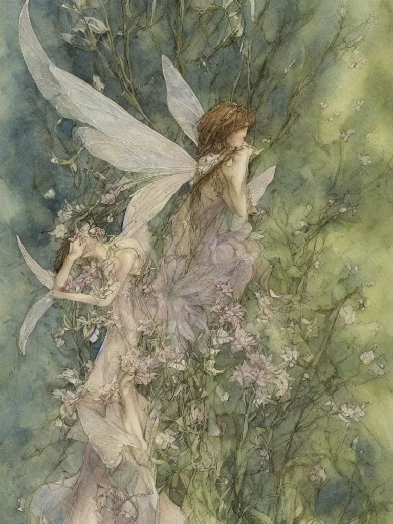 Image similar to study of a flower fairy, illustration, watercolor, alan lee, detailed, pretty, ethereal,