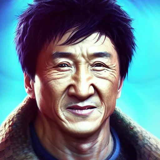 Image similar to “Portrait of Jackie Chan by Greg Rutkowski, young, manly, attractive, strong, older brother vibes, highly detailed portrait, scifi, digital painting, artstation, concept art, smooth, sharp foccus ilustration, Artstation HQ”