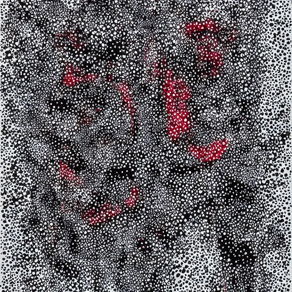 Image similar to camo made of teeth, smiling, abstract, rei kawakubo artwork, cryptic, dots, stipple, lines, splotch, color tearing, pitch bending, color splotches, hearts, dark, ominous, eerie, minimal, points, technical, old painting