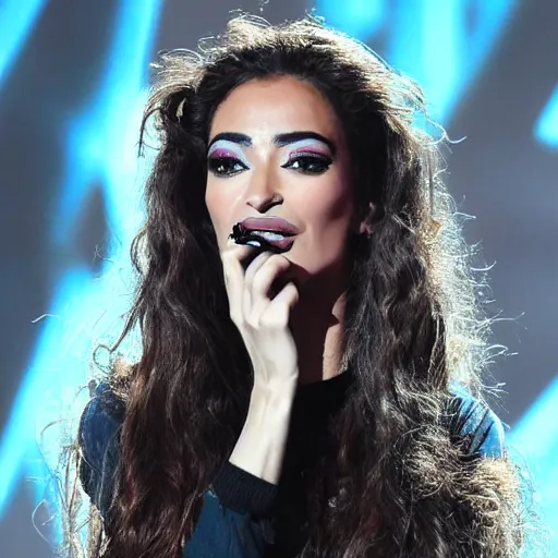 Prompt: an ultra detailed hyperrealistic portrait of Eleni Foureira with an extrene detailed face and eyes at the Eruovision Song Contest singing