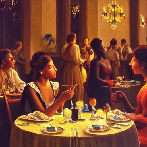 Image similar to dark skinned people eating at a regal buffet ultra detailed beautiful setting elegant event gold ornaments iridescent lighting in the style of edward hooper and henri matisse oil painting