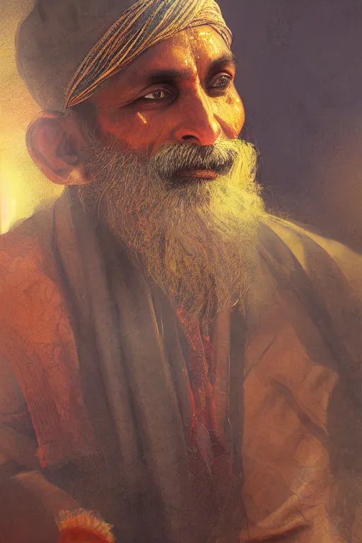 Image similar to hindu priest, close - up portrait, devoted, intricate, elegant, volumetric lighting, scenery, digital painting, highly detailed, artstation, sharp focus, illustration, concept art, ruan jia, steve mccurry