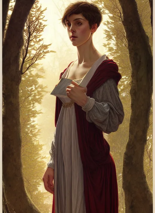 Image similar to symmetry portrait of welsh brunette student in mans tunic, tomboy, short hair, forest, intricate, elegant, highly detailed, digital painting, artstation, concept art, smooth, sharp focus, illustration, art by artgerm and greg rutkowski and fra angelico and alphons mucha