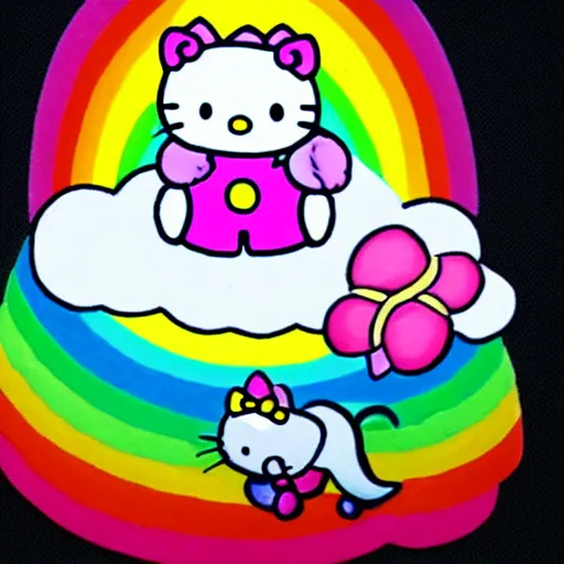 Image similar to Hello kitty riding a unicorn over a rainbow,