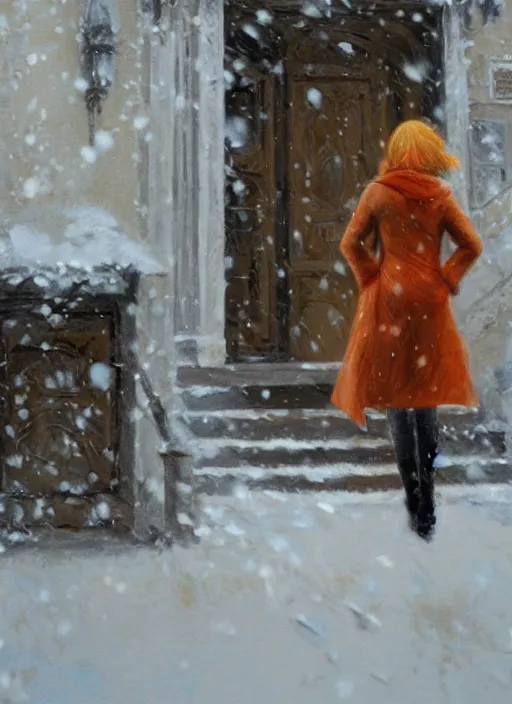 Image similar to back of emma stone in beige coat, orange hair, walking into new york apartment building in winter, opening door, building entrance, snow, zoomed out, artwork by gaston bussiere, craig mullins, trending on artstation