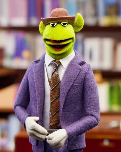 Prompt: saul goodman as a muppet. highly detailed felt. hyper real photo. 4 k.