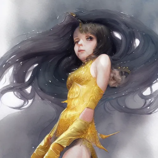 Prompt: The shining golden queen of jellyfish soars in the thick gray stormy ocean artstation , watercolor, highly detailed, portrait, by krenz cushart