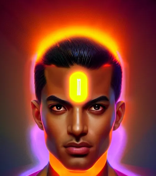 Image similar to symmetry!! egyptian prince of technology, solid cube of light, hard edges, product render retro - futuristic poster scifi, lasers and neon circuits, brown skin man egyptian prince, intricate, elegant, highly detailed, digital painting, artstation, concept art, smooth, sharp focus, illustration, dreamlike, art by artgerm